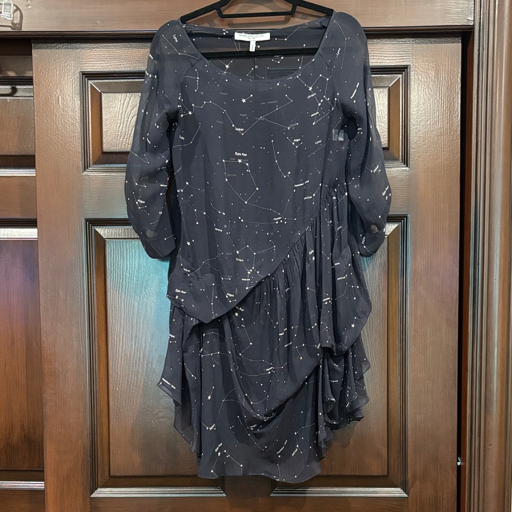 NWOT Morgane Le Fay Black Constellation Asymmetrical Dress 100% Silk Sz S